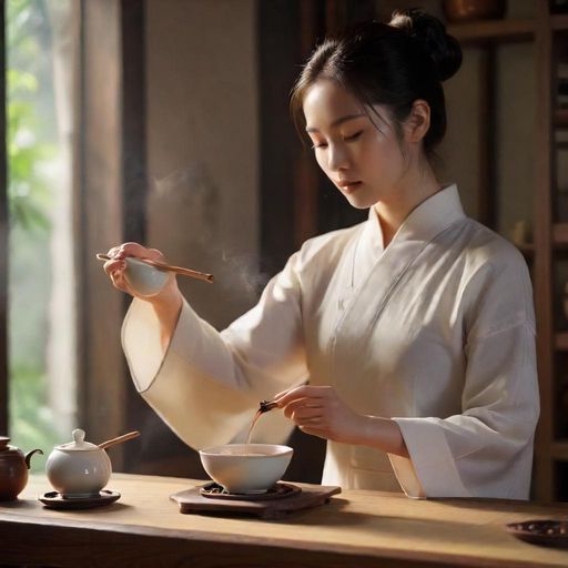 广州某茶工作室的茶艺师手持盖碗，专注地为客人冲泡茶叶