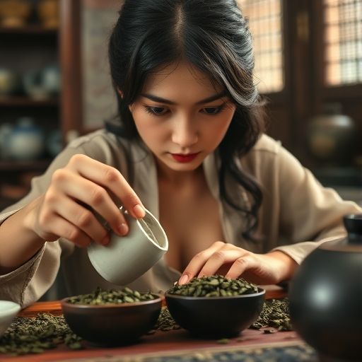 一位茶艺师正用小秤精确称量准备冲泡的干茶，动作专业细致