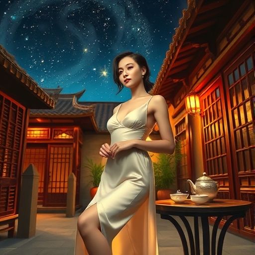 夜晚庭院中的茶桌与星空