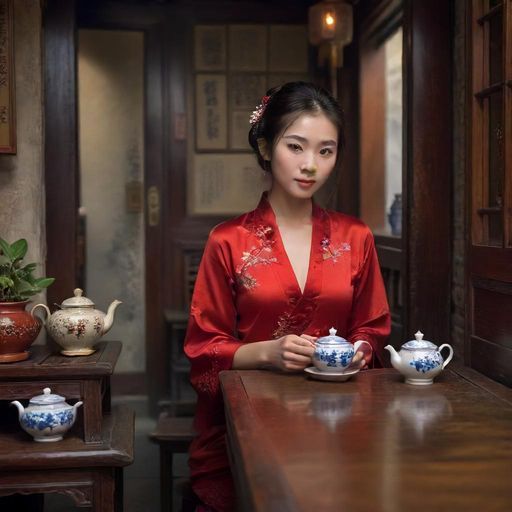 广州茶馆内部场景，写实风格，古色古香
