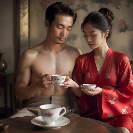 一位男士在广州茶工作室里，闭着眼睛，双手捧着茶杯，脸上露出放松和享受的表情