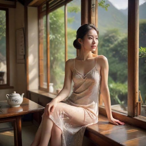 茶肆的宁静山景氛围