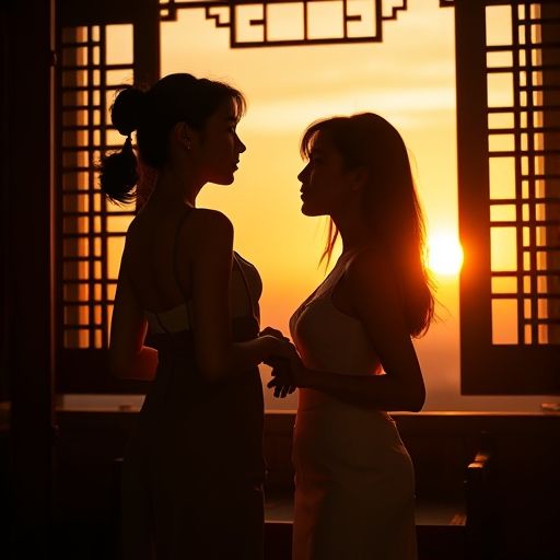 傍晚时分，两人在广州茶工作室的窗边私密交谈，氛围静谧舒适