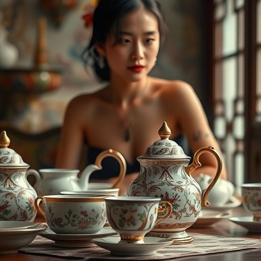 茶桌上精美的茶具与点心