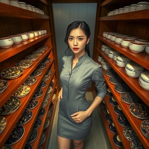 广州茶工作室展示柜上陈列着多种用透明罐子装的茶叶，标签清晰
