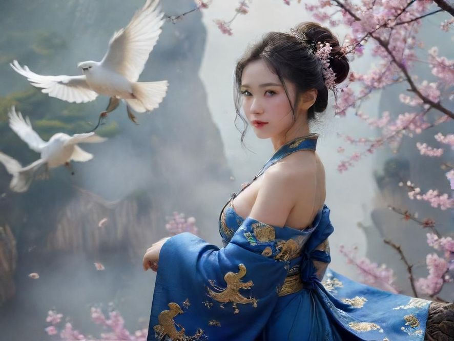 一位女士背对着镜头，坐在落地窗前，享受着放松的时刻。
