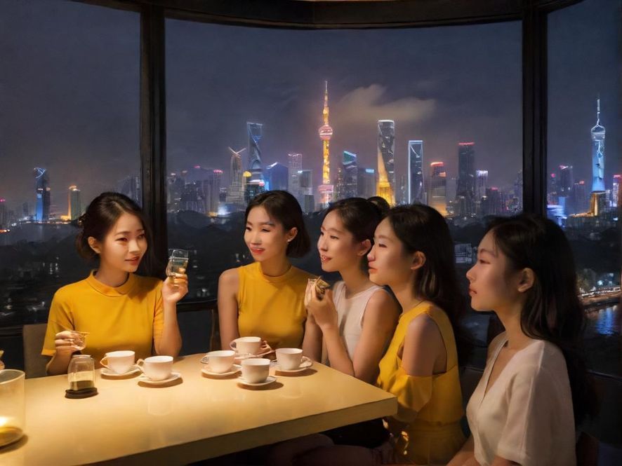 广州一间现代简约风格的品茶空间，窗外是璀璨的都市夜景，室内光线温馨。
