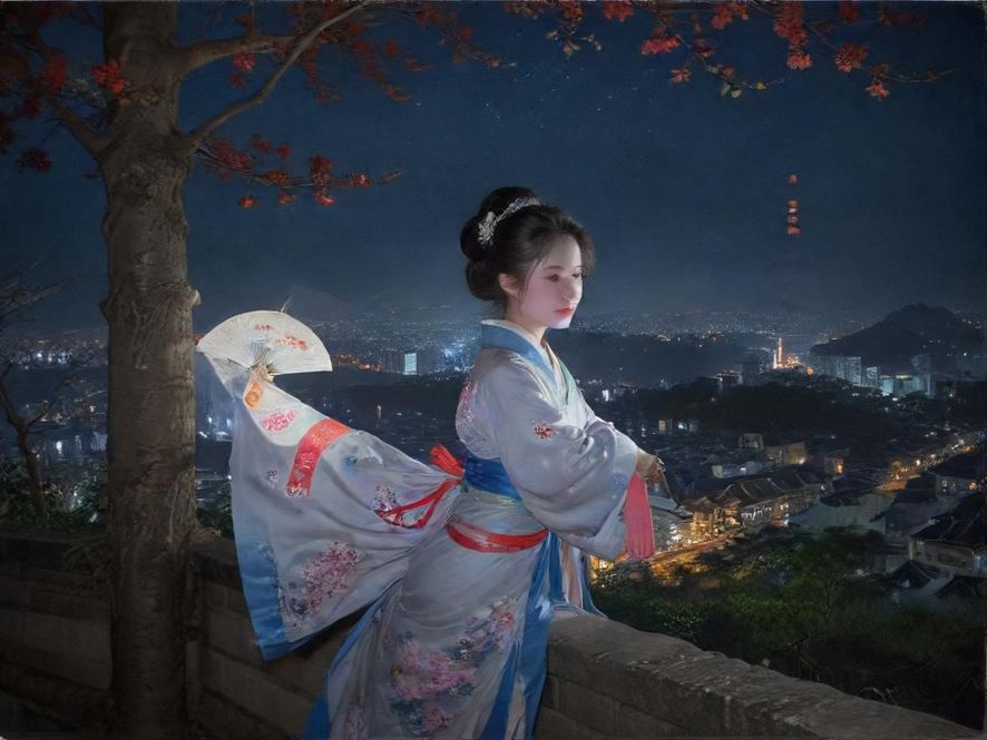 一位气质出众的深圳高端伴游美女，站在高楼窗前，背景是璀璨的都市夜景，营造出浪漫奢华的氛围。