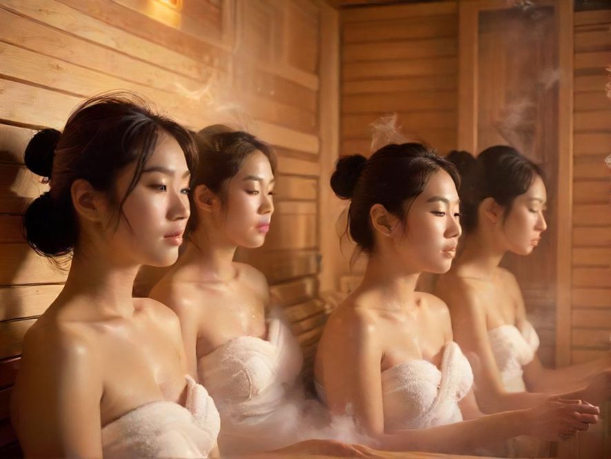 一张舒适的桑拿蒲在蒸汽缭绕的桑拿房中散发着诱人的光泽