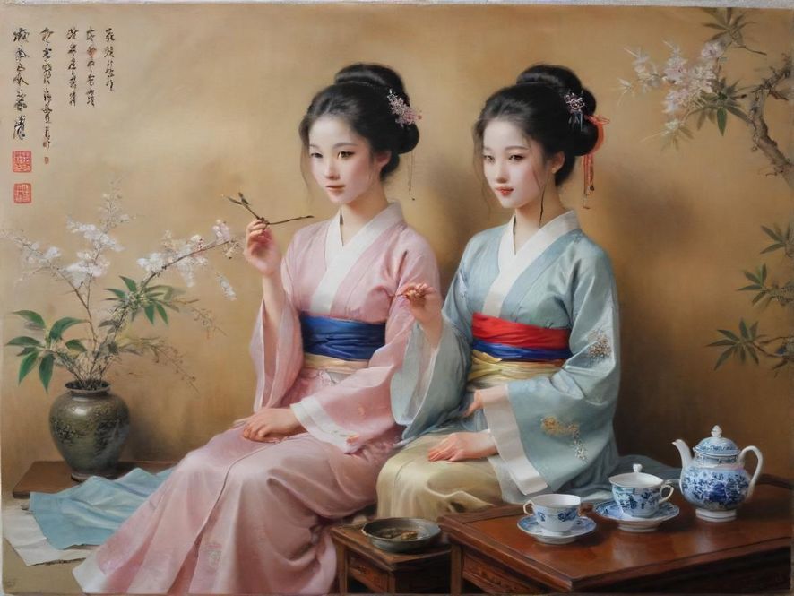 一位女子在古典庭院中品茶，背影唯美，氛围宁静