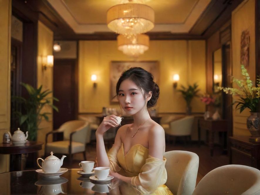 广州高端休闲雅致茶室，柔和光线，古典现代融合的写实照片。