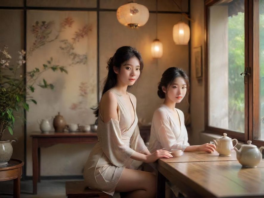 春风阁内景，雅致茶室，柔和灯光，东方美学设计，营造宁静氛围
