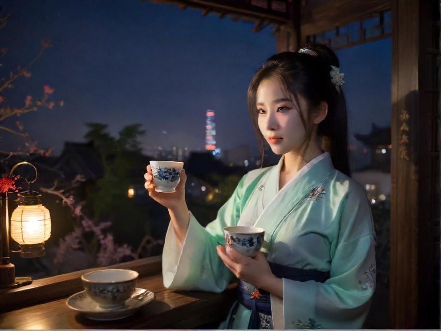 一只手轻柔地握着精致的茶杯，背景是模糊的城市夜景，营造出一种宁静而奢华的氛围。