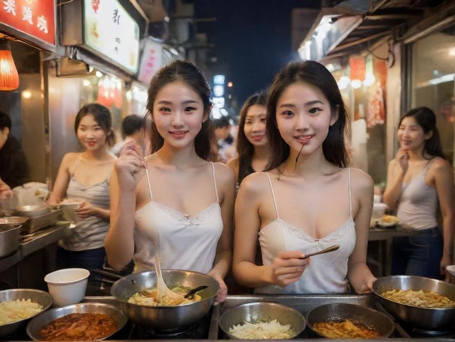 番禺小吃街夜景，烟火气十足，人们在品尝各种特色美食