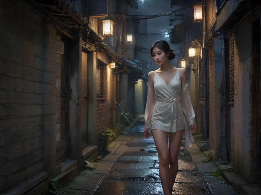 夜色中探索的女子背影