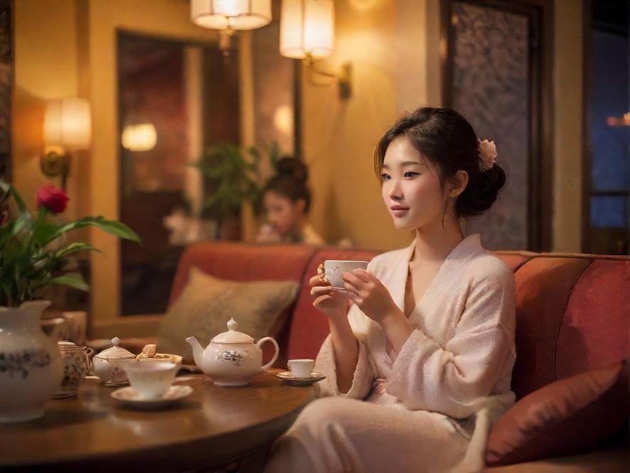 广州喝茶休闲场景，美女品茶优雅画面