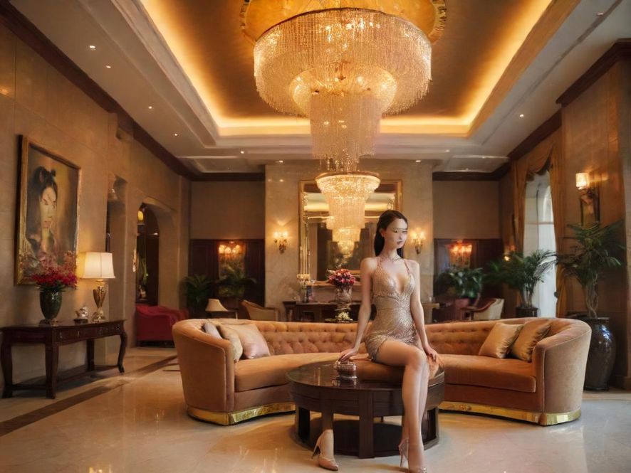 广州一家高端会所的豪华大堂，宽敞明亮，装修精致