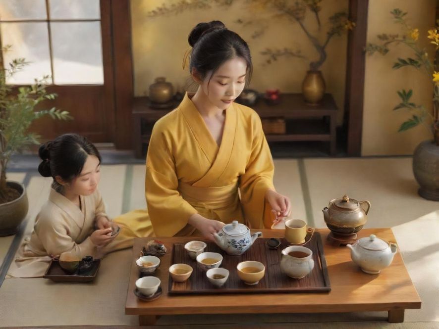 一位茶艺师在精心准备茶席，茶具摆放整齐，茶室充满禅意。