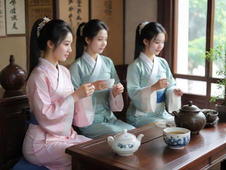 精致的中式茶具和点心在茶室包间