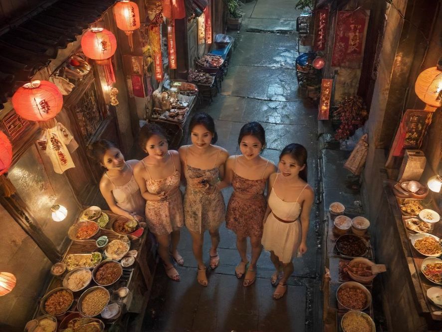 广州老字号美食，烟火气十足的老巷子里，食客们围坐一桌，品尝着地道的粤式小吃。