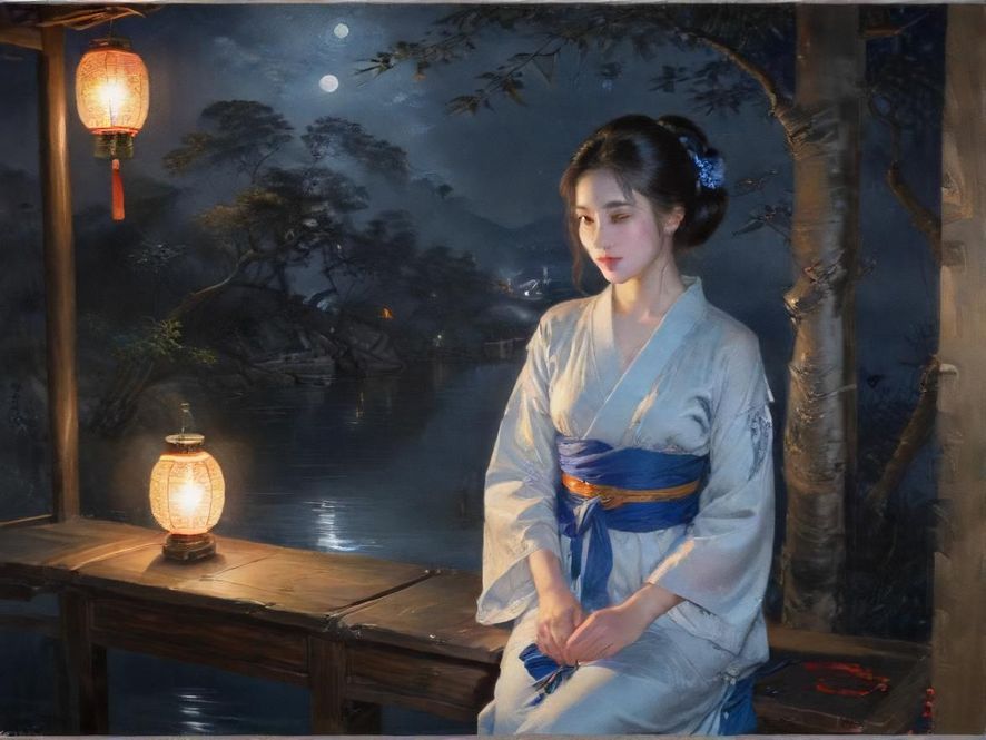 江南水乡茶室夜景