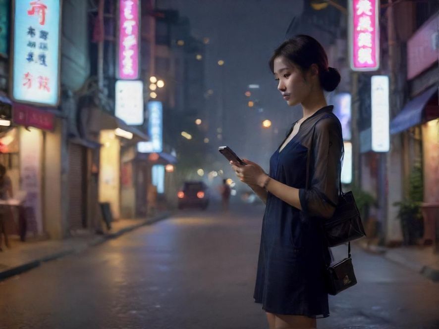 夜色中手持手机浏览广佛qm名花录指南