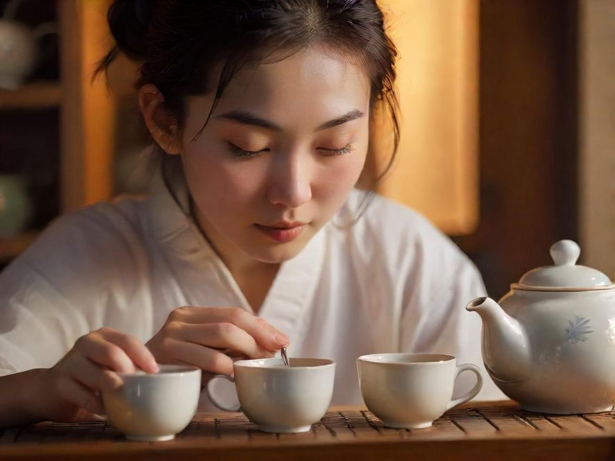 一位茶艺师正在用古典中式茶具为客人泡茶的特写镜头，柔和的光线打在茶具上，展现出精致的细节和茶艺师专注的神情。