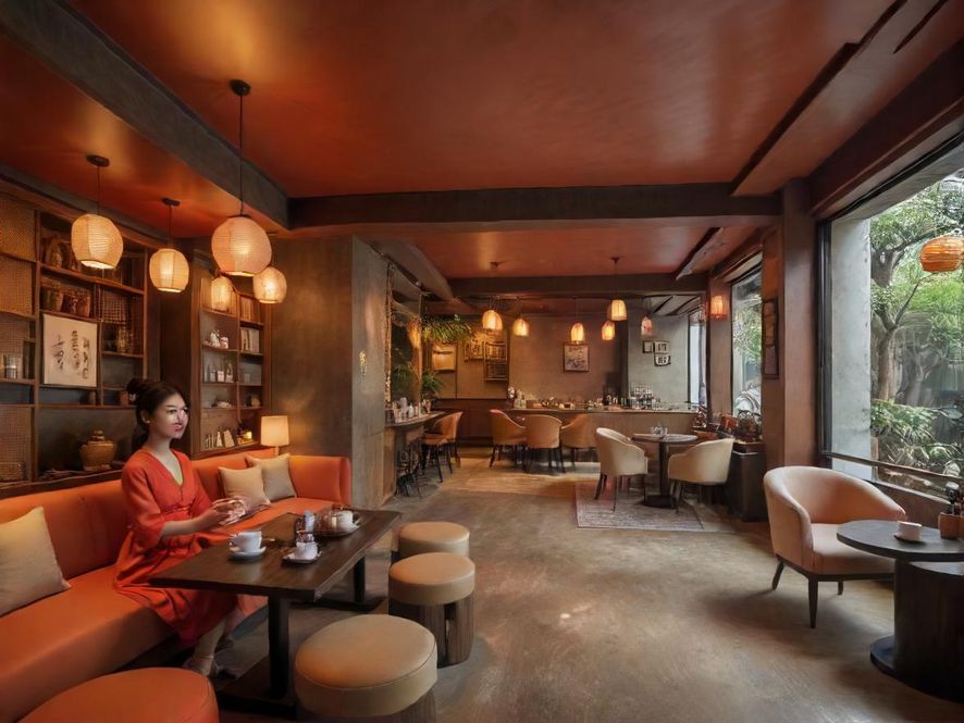广州海珠区一间雅致喝茶工作室的内部全景，空间设计温馨，光线柔和，摆放着精致的茶具和舒适的座椅，营造出宁静放松的氛围。