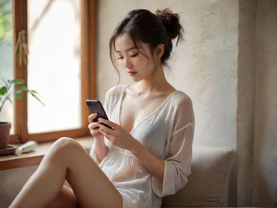 手持手机在休闲场所浏览信息