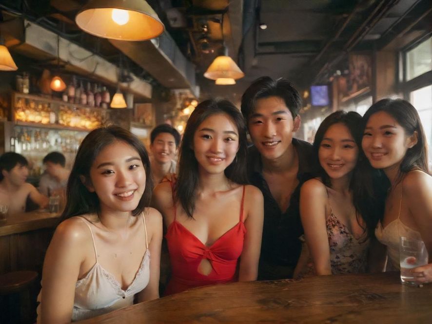 朋友们在潮流酒吧内举杯欢庆，享受愉快的时光