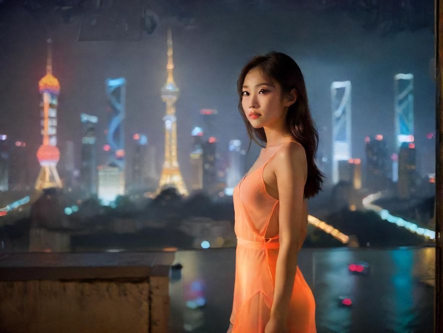 广州璀璨的城市夜景下，一位身心放松的人物背影，营造出梦幻般的休闲氛围。