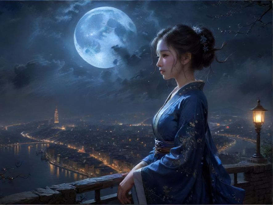 夜晚城市的抽象光轨和远景，带有散景效果，营造出一种神秘而迷人的氛围感。
