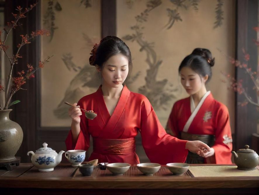 一品香品茶中的茶艺师表演场景