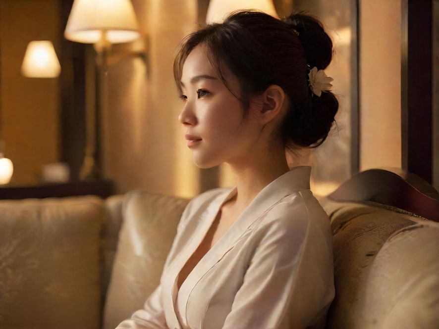 一位面容温柔、气质温婉的女性，侧身微笑着，手势轻柔，背景是舒适的沙发和暖色调的室内装饰，展现出体贴入微的服务态度。