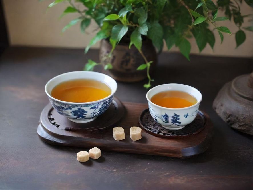 一间充满古朴韵味的静谧茶室，俯瞰视角下，茶具精致，光线柔和，营造出宁静的氛围。