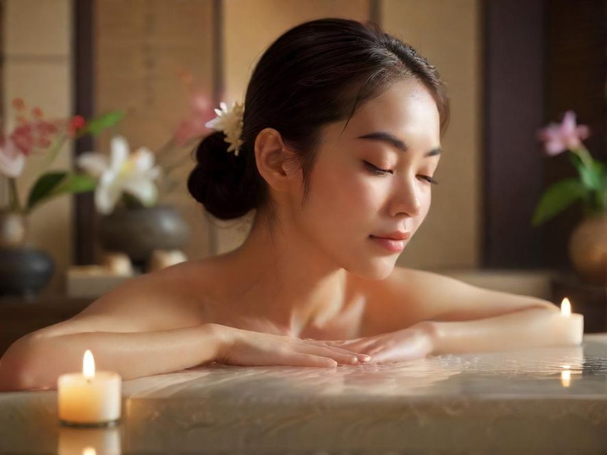 一位女性侧面特写，在雅致的室内环境中享受香薰SPA，营造出温馨放松的氛围。
