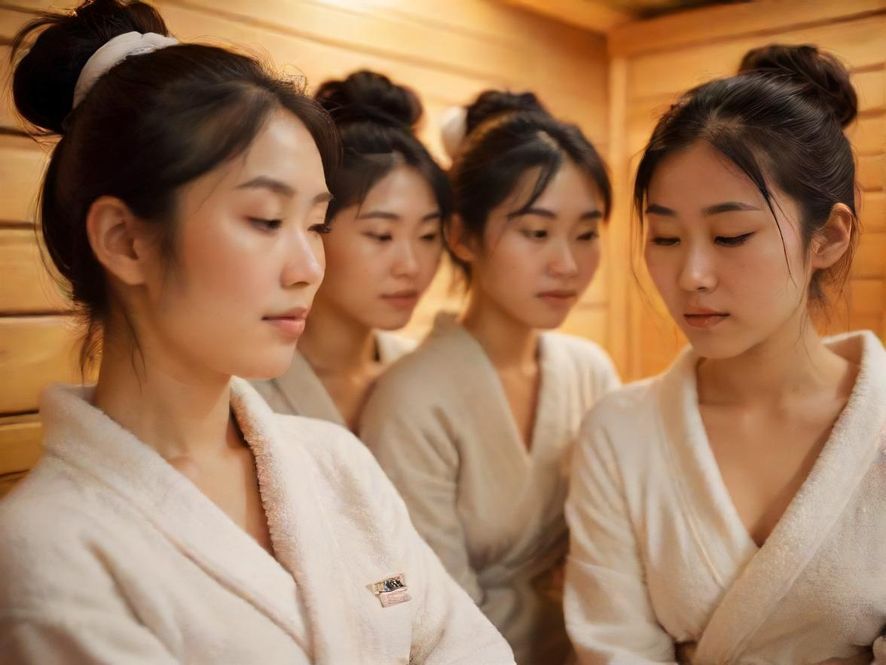 两位女士在桑拿休息区，穿着浴袍，面带微笑，轻松地进行着轻声交谈