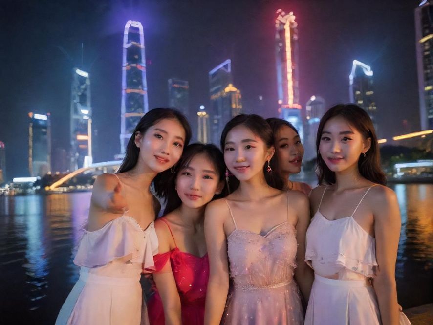 广州海珠区夜景，珠江边的霓虹灯光在夜幕下闪烁，营造出浪漫而富有活力的城市景观。