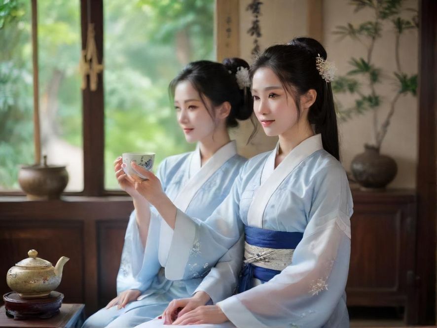 一位女士在qm只之家宁静茶室中放松品茗的特写镜头
