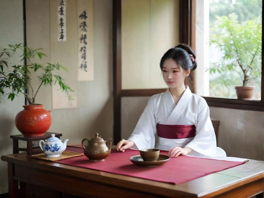 一位气质优雅的广州茶艺师，侧身专注地进行茶道表演，背景是古色古香的茶室，光线柔和，营造出宁静唯美的意境。