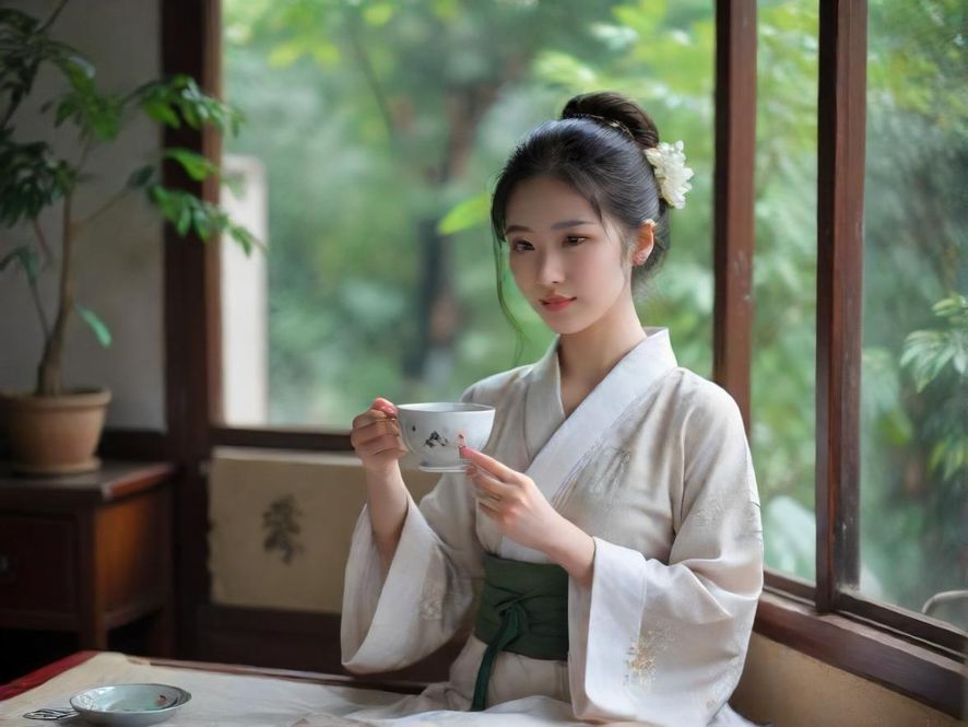 在海珠区一间雅致的私密茶室里，一位女性侧身而坐，享受着柔和光线下的宁静时光。