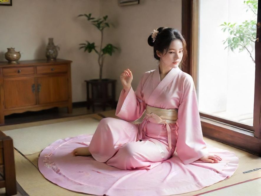 一间布置温馨的茶室,柔和的暖光洒落在精致的茶具上,一位身着素雅服饰的亚洲女性,背对镜头,优雅地泡着茶。