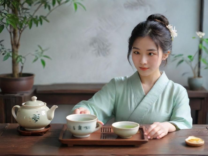 一位优雅的女性在广州一间充满古典韵味的茶馆中，近距离品尝着香茗，光线柔和，营造出宁静而美好的意境。