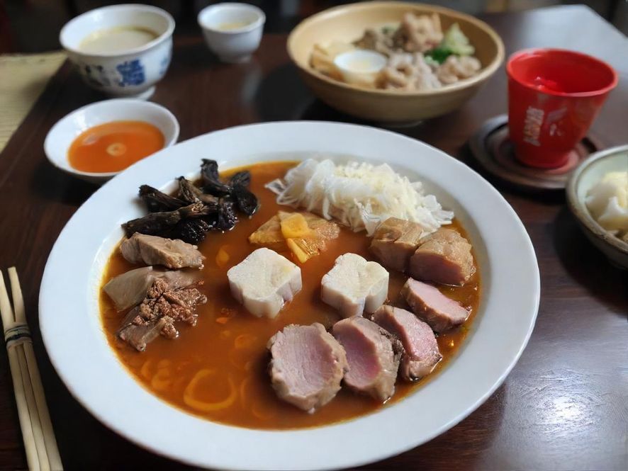 一桌丰盛的余杭特色美食，色香味俱全，暖色调灯光下更显诱人。