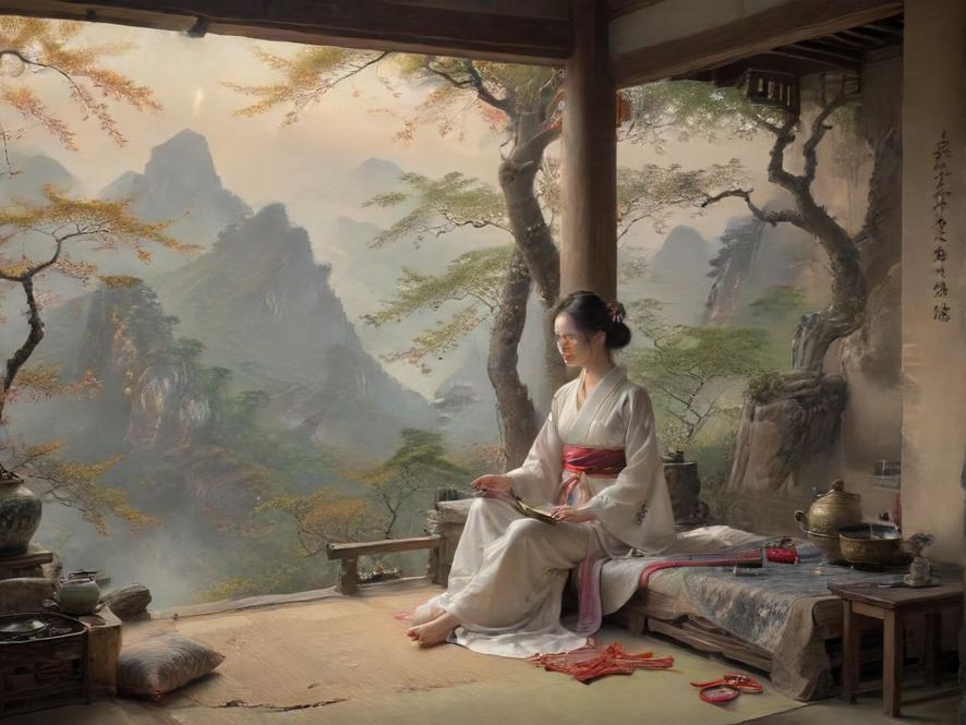 佛山一间高端茶室的内部，柔和的灯光下，一位身着典雅服饰的女性背对镜头，正在品茗，营造出一种私密而富有格调的氛围。