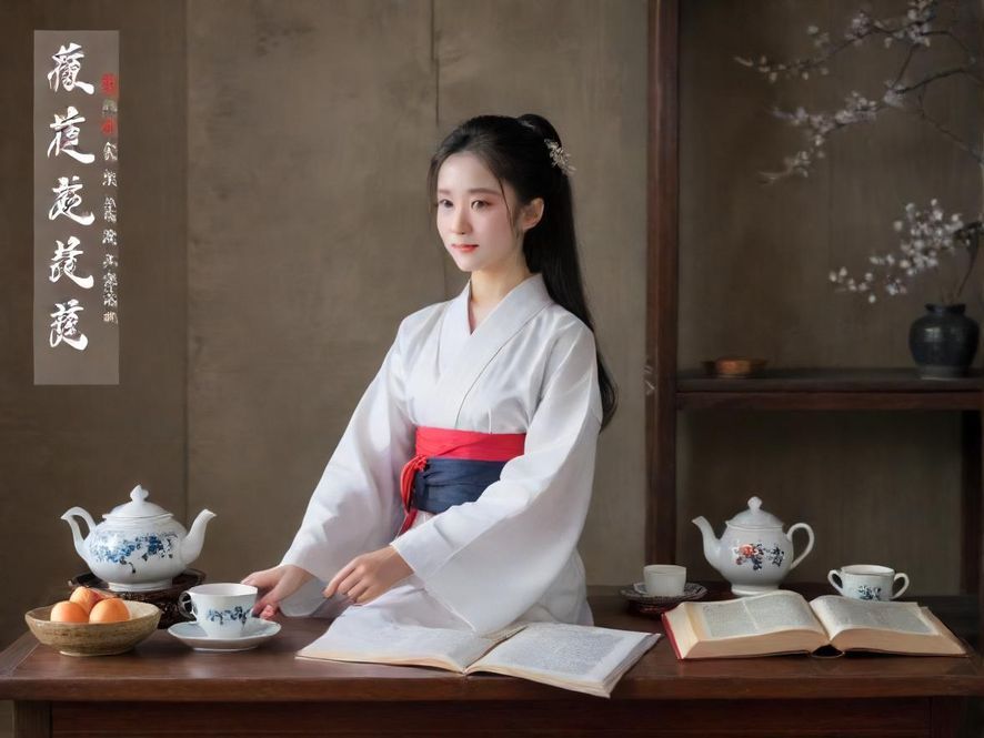 一位女士在充满东方韵味的茶室中，轻嗅茶香，享受宁静的休闲时光