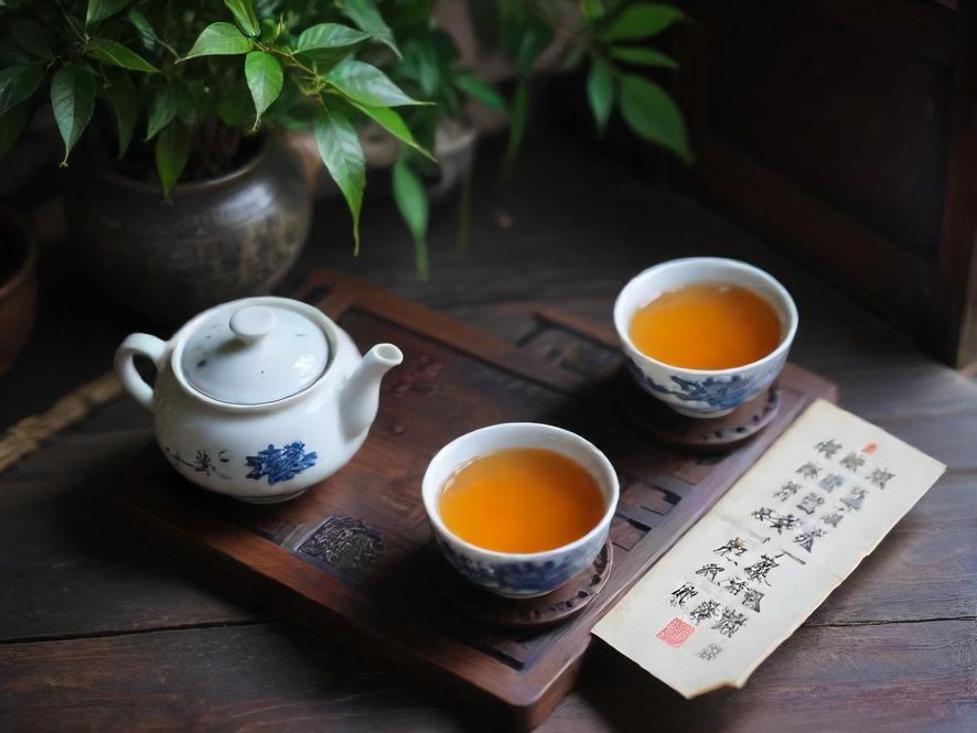 一套精美绝伦的茶具特写,俯视角度,通过艺术摄影手法展现,暖色灯光烘托出温馨雅致的氛围。