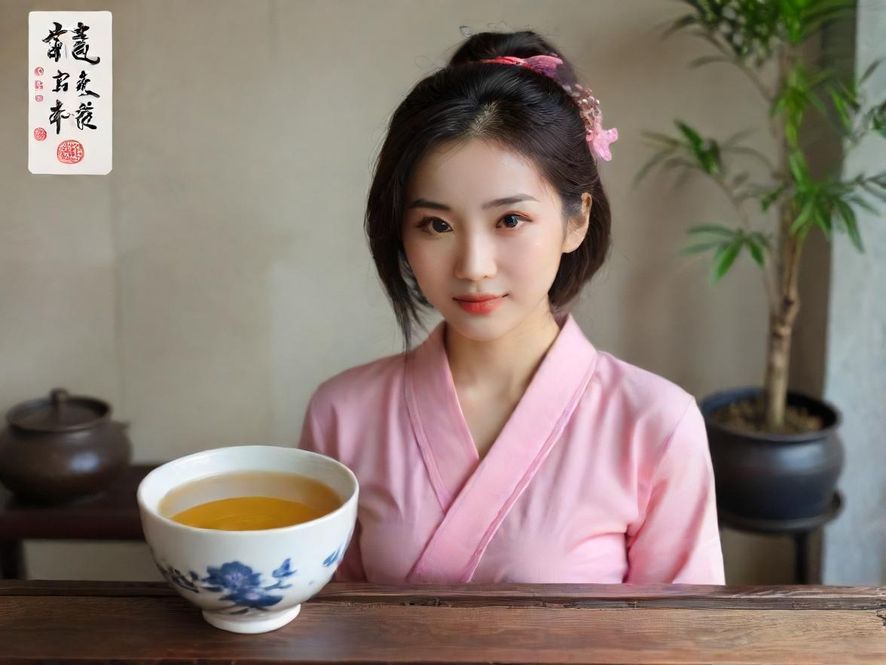 一位身着古典服饰的女子在雅致茶室中品茶,侧身坐姿,画面唯美,营造出宁静与奢华的氛围。