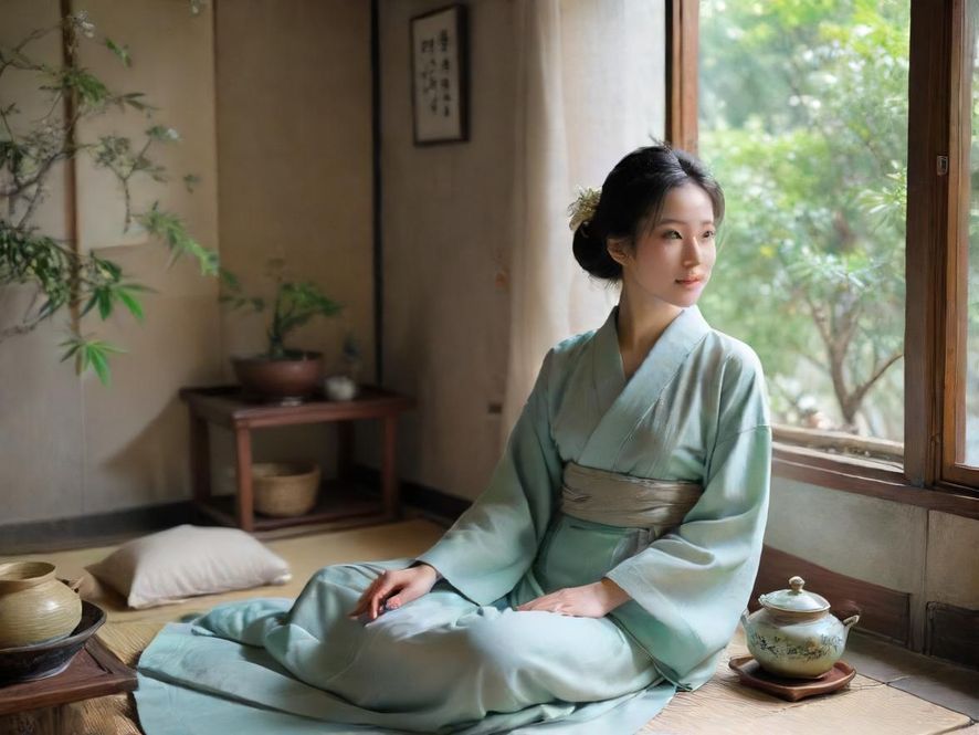 一位气质优雅的女士在深圳某温馨茶室中品茶,享受宁静时光,茶具精美