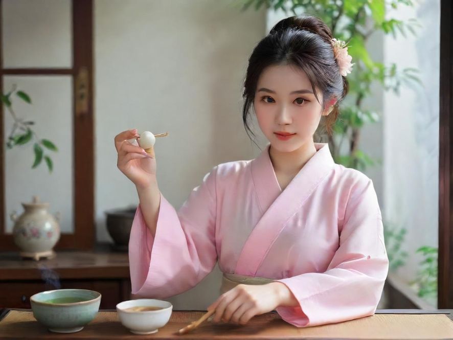 一位广州喝茶美女侧面特写,在雅致茶室中唯美地泡茶。